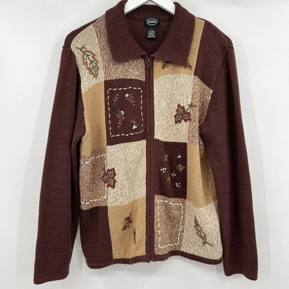 Vintage Designers Originals Zip Brown Leaf Embroidered Sweater Women's Medium - Picture 2 of 9